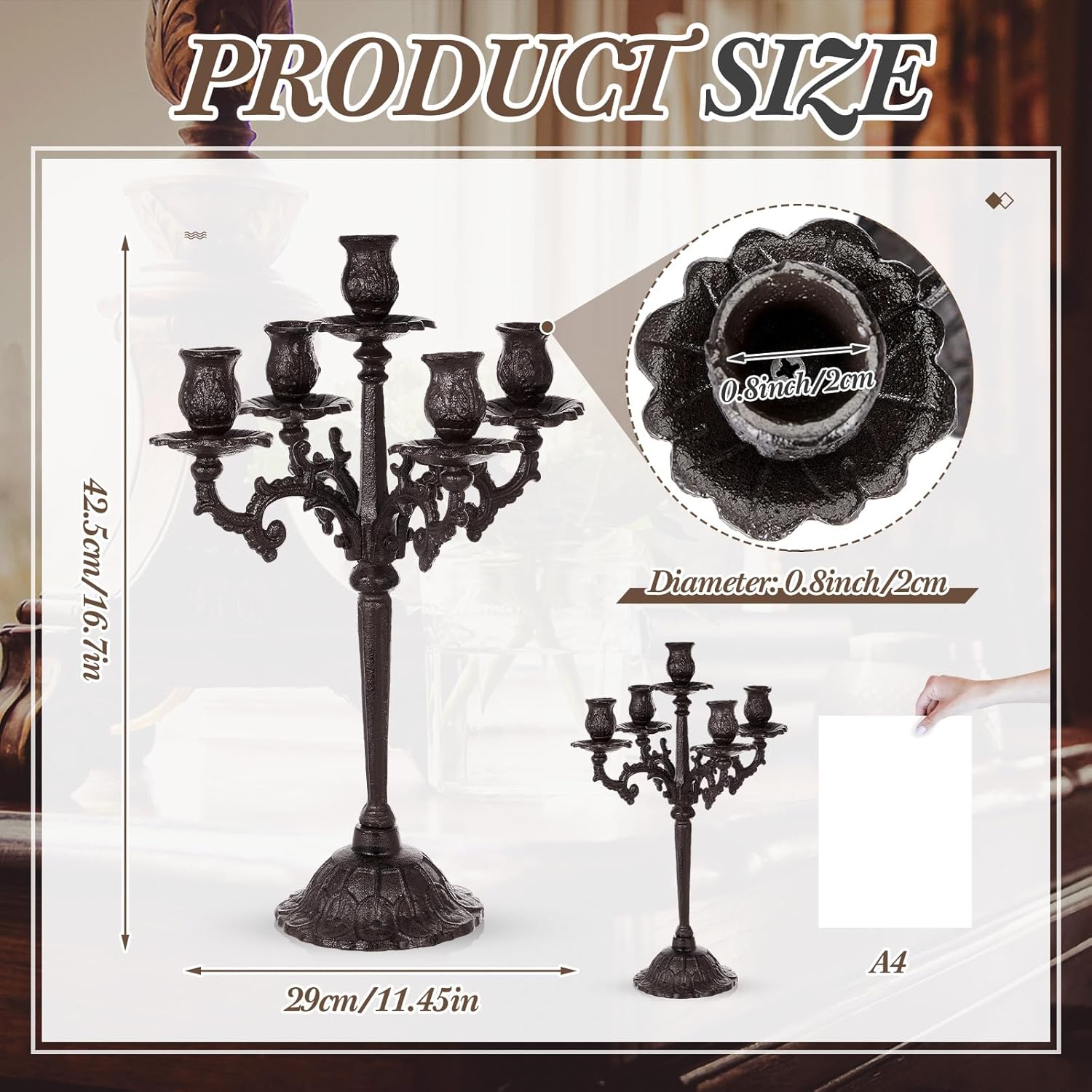 Mumufy Black Candelabra Set - 5 Arm Cast Iron Candle Holders | 16.7" Vintage Gothic Centerpieces