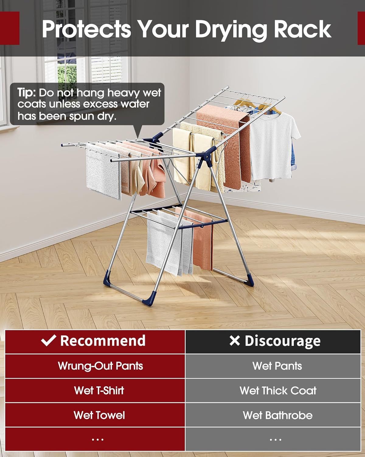 Sakugi Clothes Drying Rack - Height-Adjustable Metal Laundry Dryer Stand | Free-Standing & Collapsible, 55.5" L × 22.8" W, Silver Blue