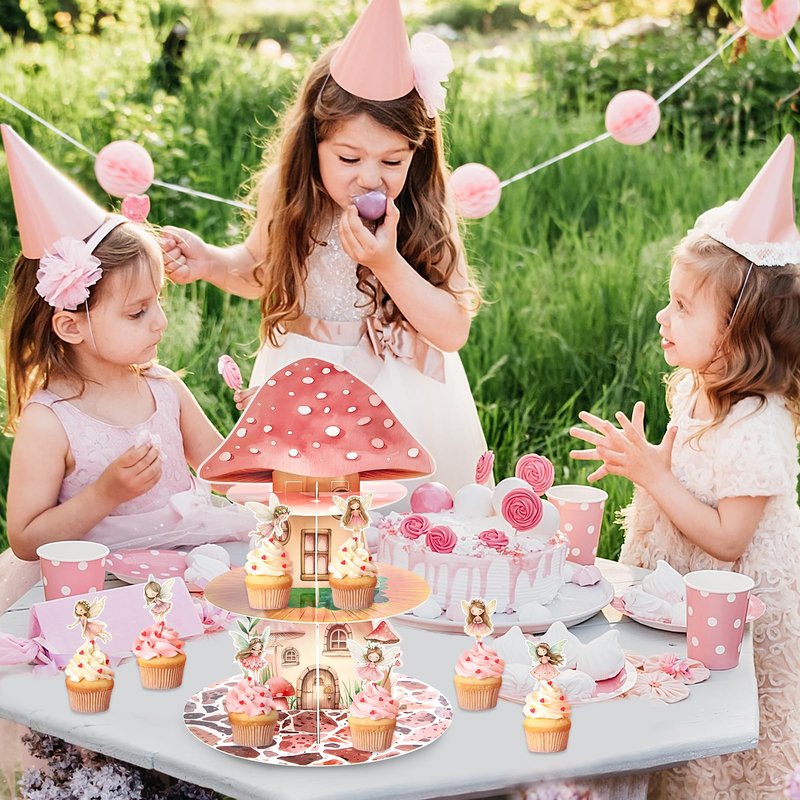 Fairy Birthday Party Decorations 3 Tier Mushroom Cupcake Stand with Fairy Theme Cupcake Toppers Fairies Garden Party Cake Decoration for Woodland Fairies Theme Birthday Baby Shower Spring Supplies