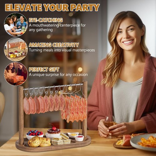 Acacia Wood Bacon Display Rack-Set of 2 Bacon Clothesline Serving Tray-Bacon Hanger Serving Platters-Exquisite Bacon Serving Dishes-Wooden Charcuterie Board-Housewarming&Wedding Gift for Parties