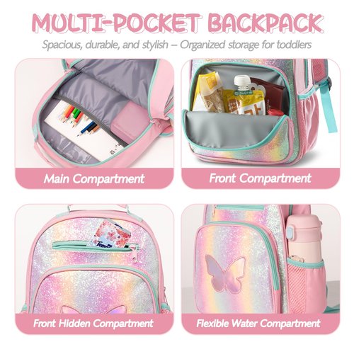 Hairao Toddler Backpack for Girls 2-4,Preschool Kindergarten Butterfly Backpacks,Small Backpack for Kids,Toddler Bookbag with Chest Strap