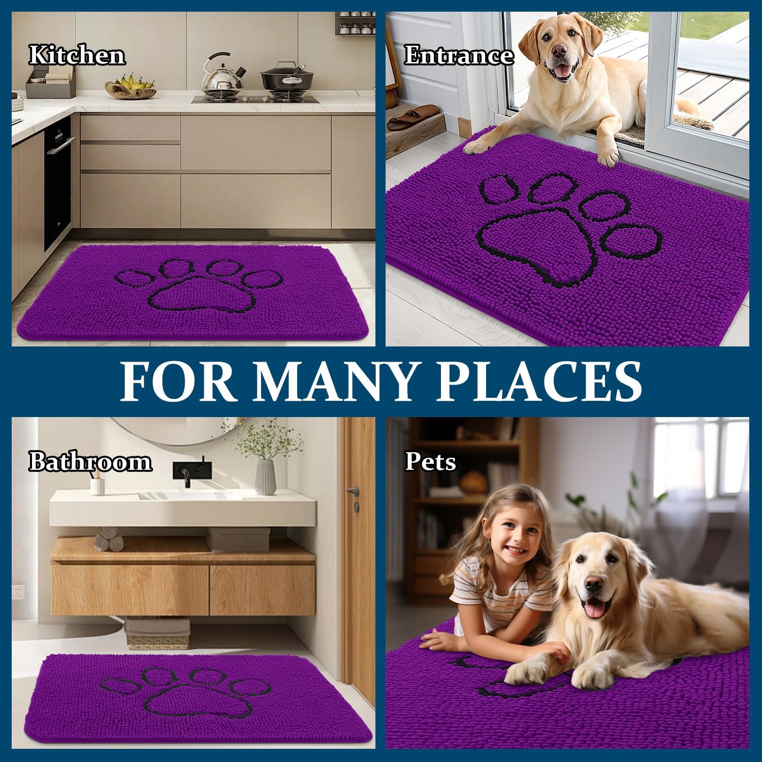 OLANLY Dog Door Mat - Absorbent Non-Slip Mud Mat for Dogs | 36x24 Inches, Purple Paw Print Design
