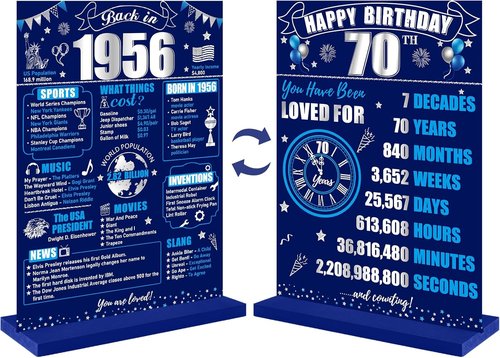 Back in 1956 70th Birthday Decorations - Two-Sided Wooden Table Sign with Stand | Blue & Silver