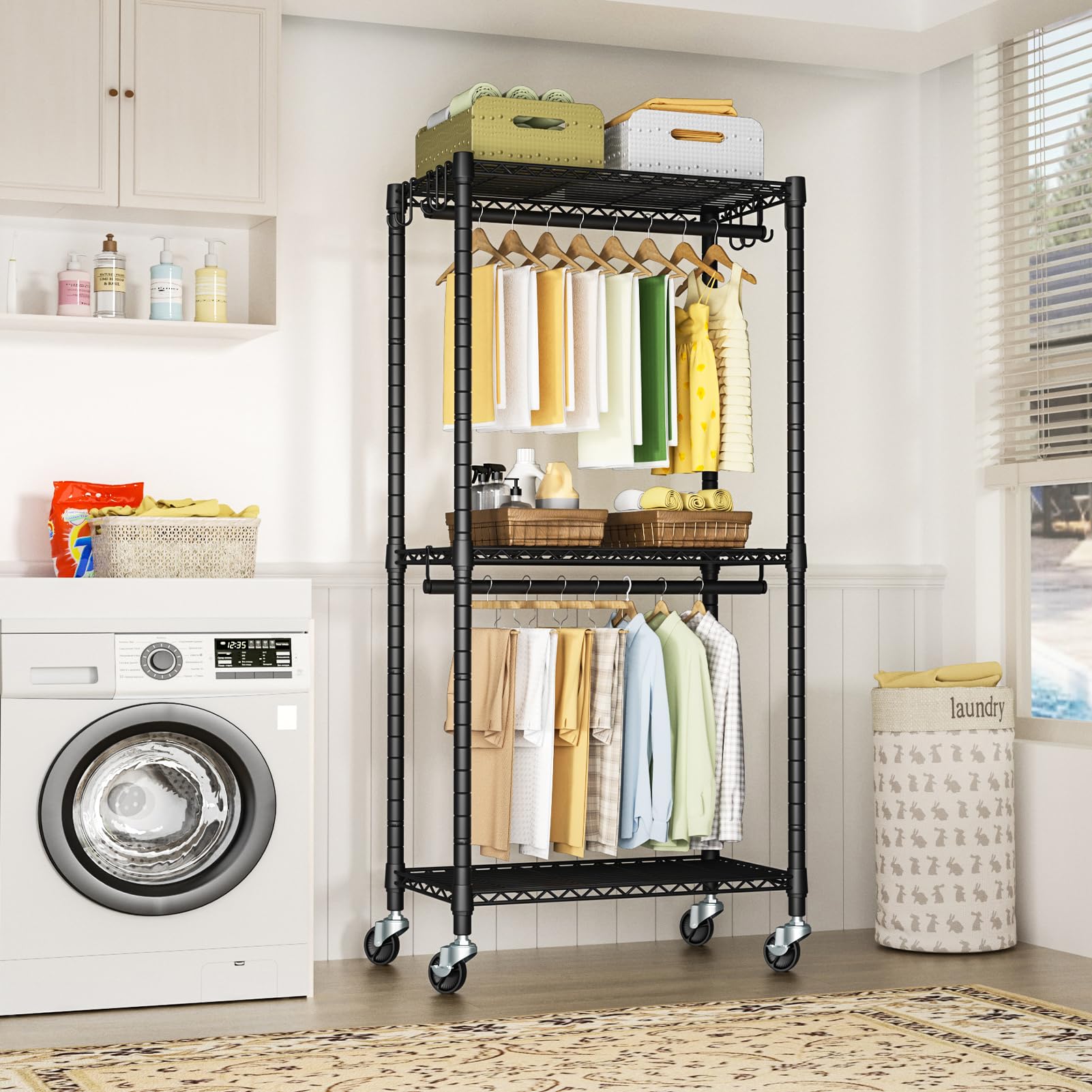 FUTASSI P3 Mini Rolling Clothes Rack, Clothing Racks for Hanging Clothes, Heavy Duty Garment Rack with Wheels, Freestanding Portable Closet Rack 23.6'' W x 14'' D x 78.5'' H, Max Load 430 Lbs, Black