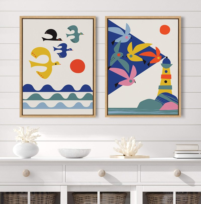 Kate and Laurel Sylvie Lighthouse Birds Framed Canvas Wall Art by Rachel Lee of My Dream Wall, 18x24 Natural, Colorful West Coast Art