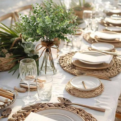 Coforset Eucalyptus Stems - Realistic Faux Plants in Glass Vase with Faux Water | 14" Sage Green Centerpiece Decor
