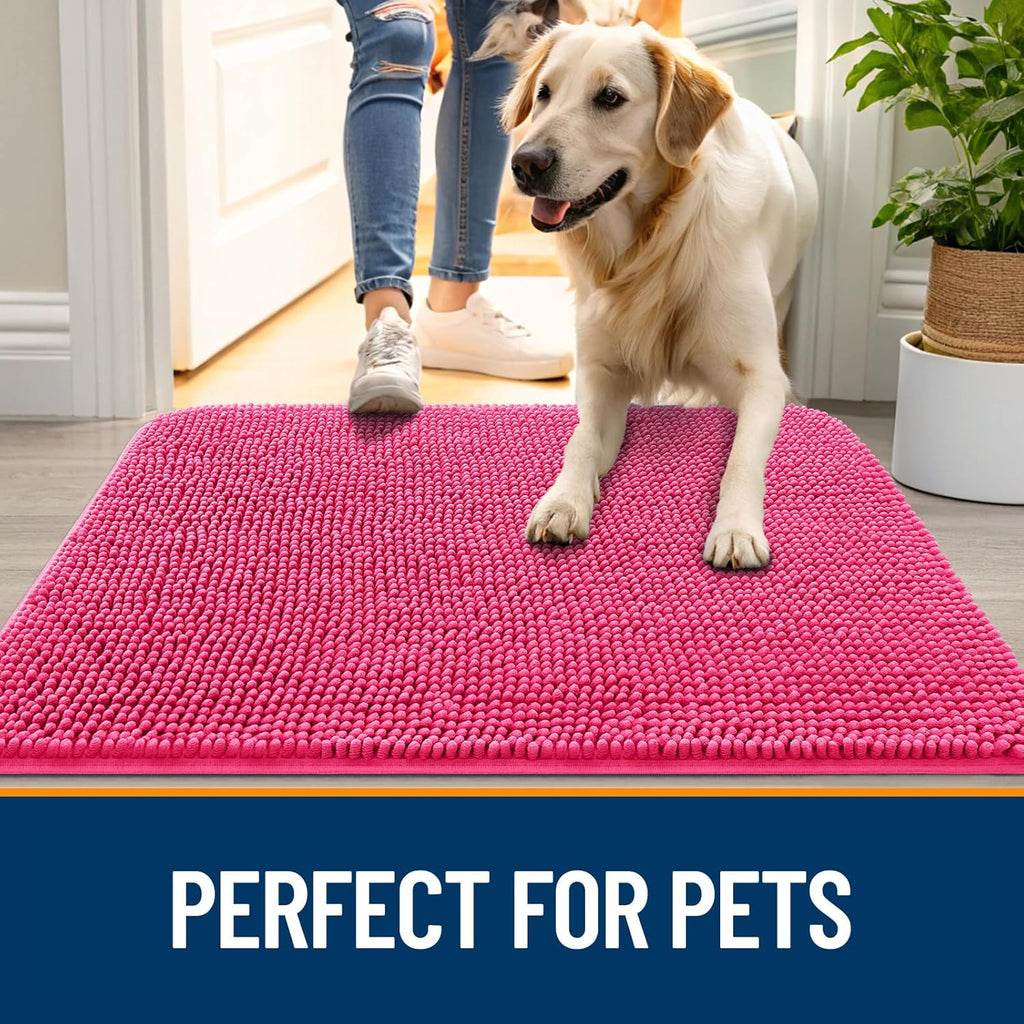 OLANLY Dog Door Mat - Absorbent Non-Slip Chenille Mat for Muddy Paws | Quick Dry 30x17, Hot Pink