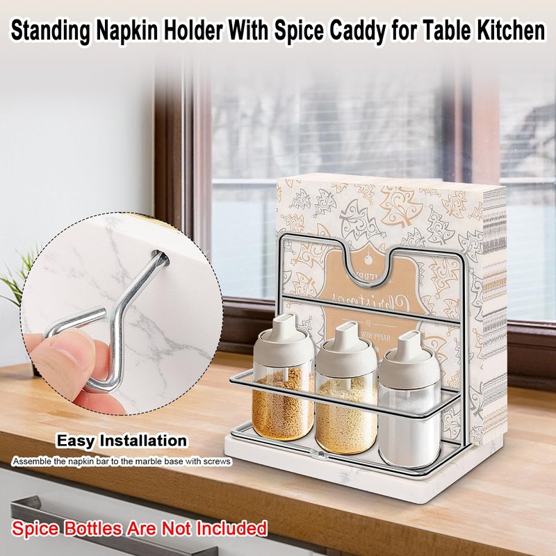 Livabber Napkin Holder, Metal Napkin Storage with Salt and Pepper Shakers Caddy Modern Napkin Dispenser for Table Kitchen Countertop, Not Including Salt and Pepper Shakers (Middle Marble, Chrome)