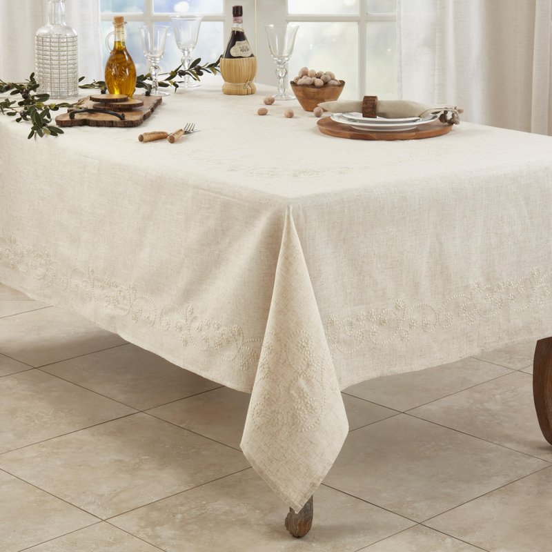 SARO LIFESTYLE Embroidered Swirl Design Linen Blend Tablecloth/001.N67120B, 67" x 120", Natural