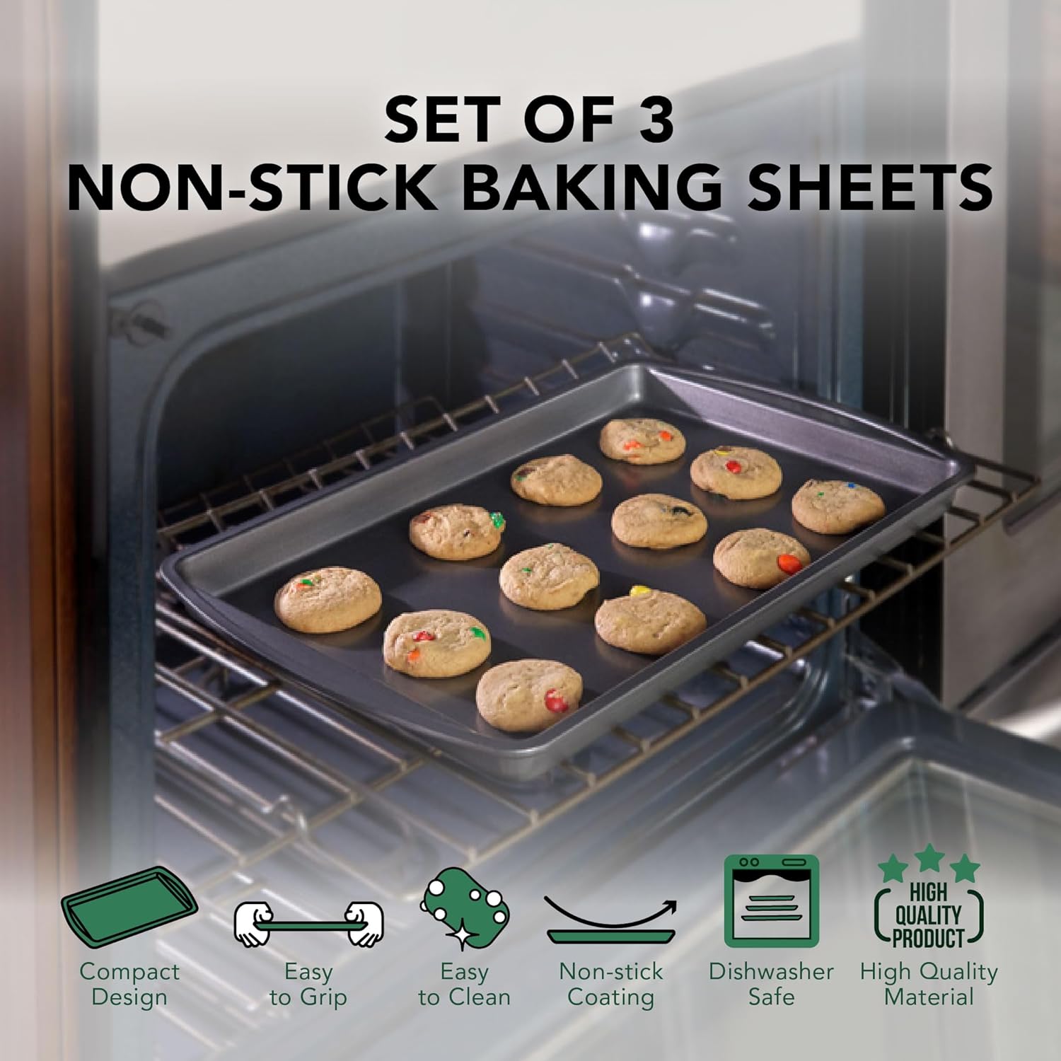Nifty Baking Sheets Set - Non-Stick Coated Steel, Dishwasher & Oven Safe, Includes 3 Sizes