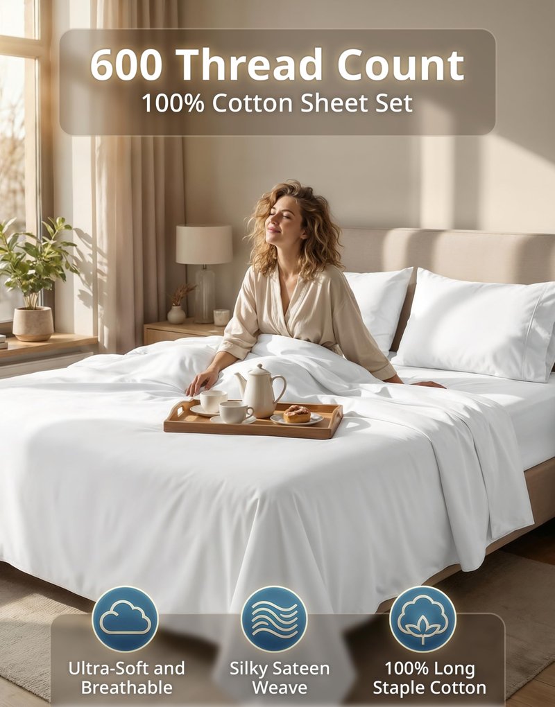 Lane Linen White Queen Sheet Set - 100% Cotton Striped Sheets for Queen Size Bed, Satin Soft Luxury Striped Sheets Queen Size, Deep Pocket Fitted Sheets - 4 PC Bedding Sheets & Pillowcases Set - White