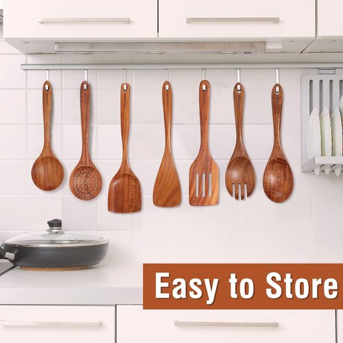 Mooues 9-Piece Natural Teak Wooden Kitchen Utensil Set - Comfort Grip Cooking Tools with Spoon Rest
