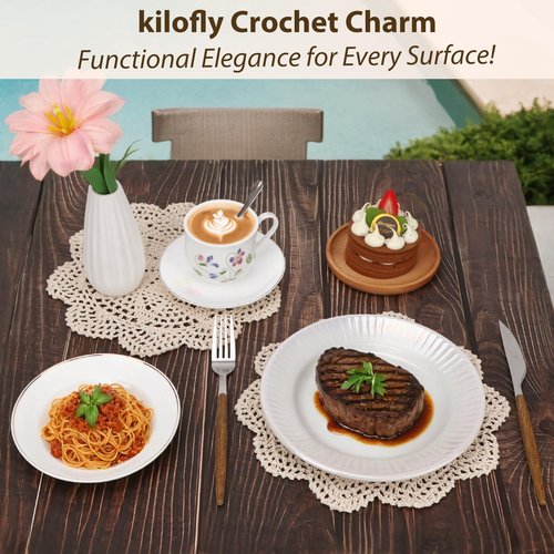 kilofly Crochet Cotton Lace Table Placemats Doilies Value Pack, 4pc, Roma, Beige, 10 inch