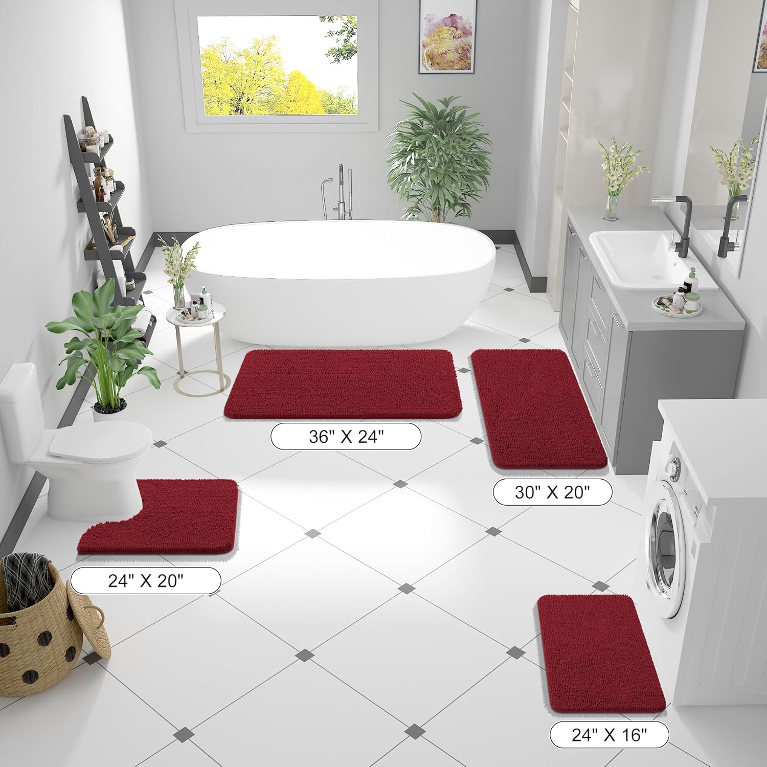 OLANLY Bathroom Runner Rugs - Extra Soft Chenille Bath Mats | Quick Dry, Machine Washable, 47x17 Inches, Red
