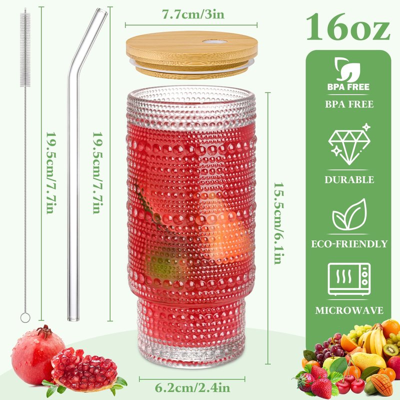 AUFXKOO 16OZ Glass Coffee Cups with Lids and Straw,4Pcs Glass Tumbler with Straw and Lid,Vintage Embossed Glassware for Whiskey Cocktail Beer,Iced Coffee Cup