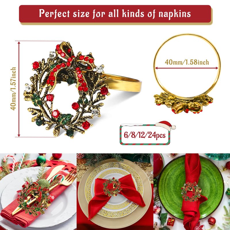 Legigo Set of 6 Christmas Wreath Napkin Rings Set- Metal Xmas Napkin Ring Holders for Cloth Napkins, Christmas Holiday Party Dinner Table Decoration