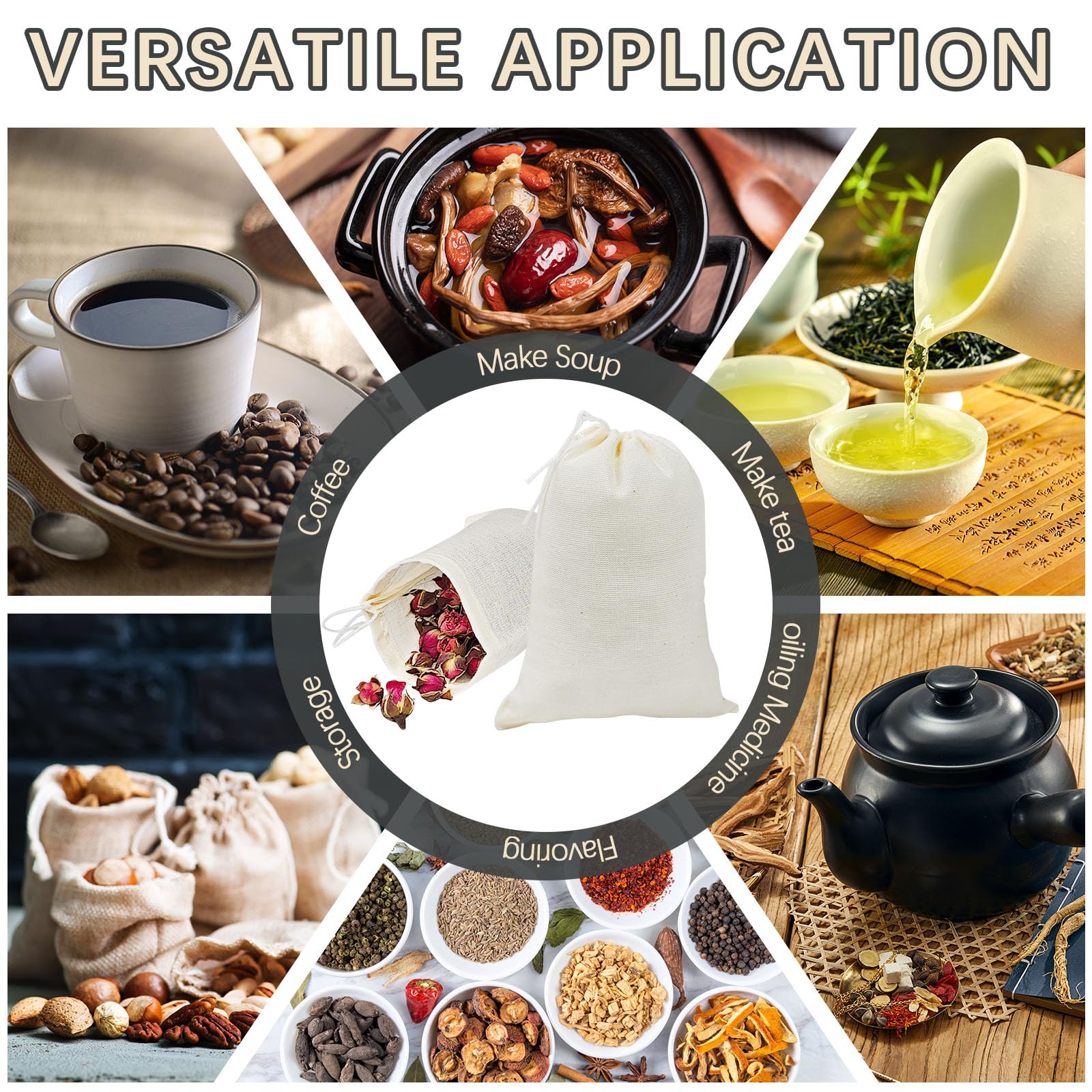 ARKBAODAN 100PCS 3x4 Small Muslin Cloth Bags with Drawstrings - Reusable Empty Spice & Herb Bags for Cooking, Potpourri, cloth tea bags, cloth bags bulk