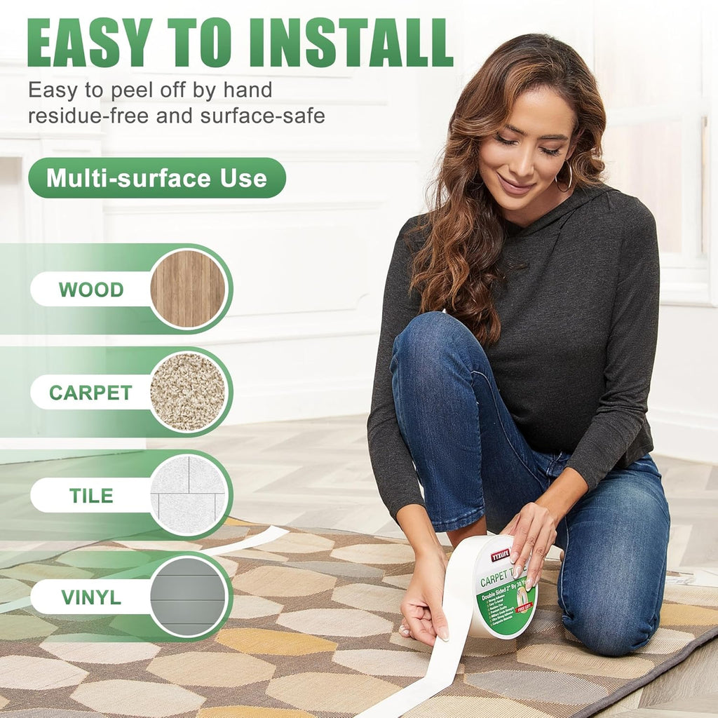 YYXLIFE Double-Sided Rug Tape - Strong Adhesive for Hardwood Floors | Non-Slip, No Residue, 2" x 10 Yards, White