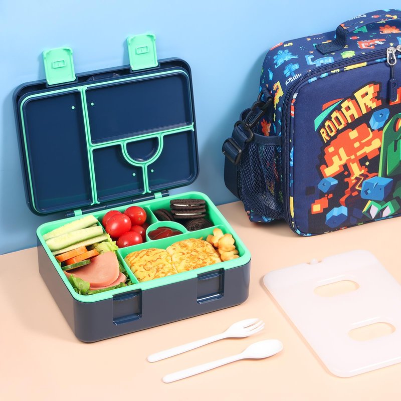 rockpapa Chill Bento Box for Kids- Large 5.5 Cups Lunch Box with Ice Pack - 5 Compartments, BPA-Free, Leak Proof, with Utensils & Portable Handle, Microwave/Dishwasher Safe (Blue Dinosaur)