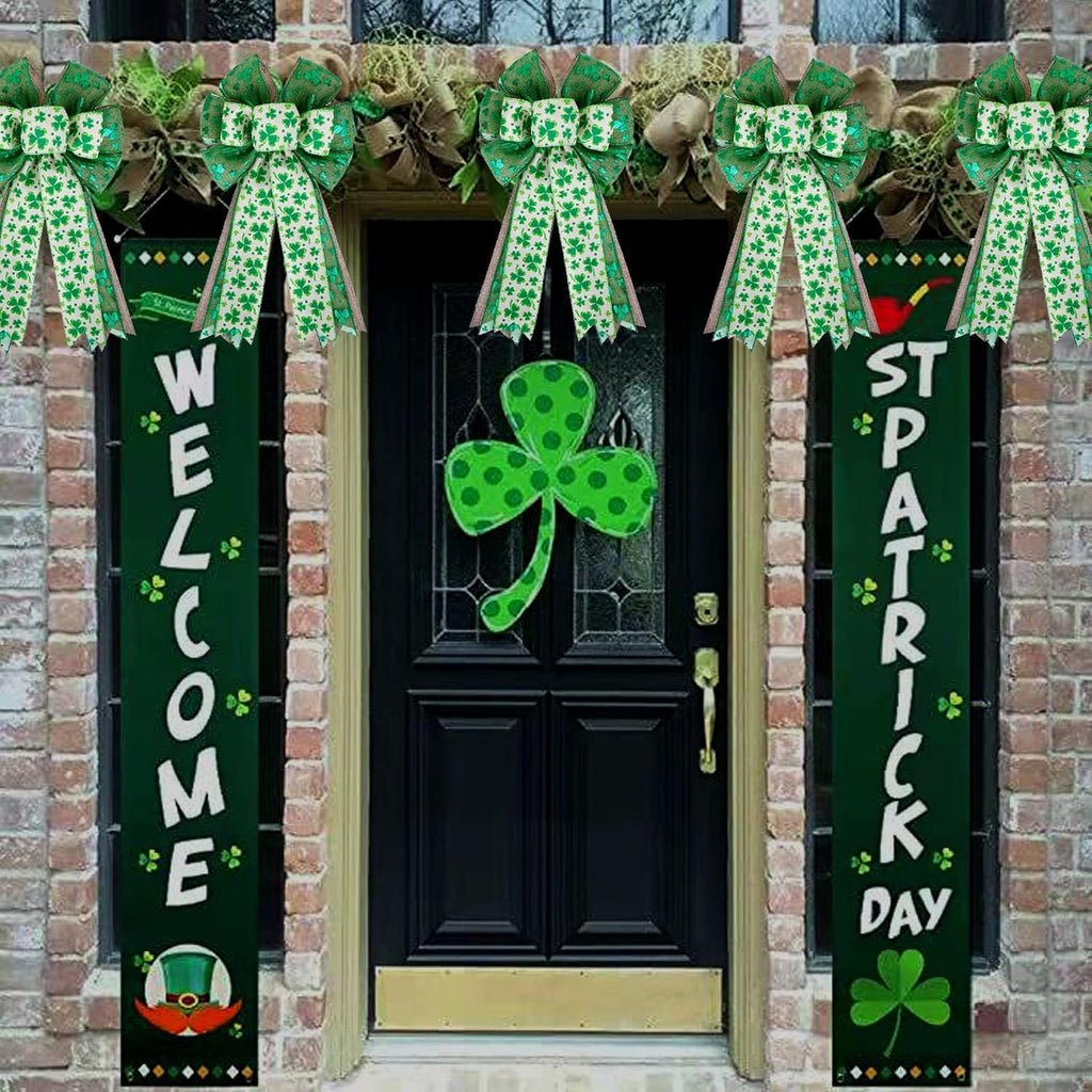 Skiennix St. Patrick's Day Bow - Large Burlap Green Glitter Shamrock Wreath Decoration | Irish Holiday Decor