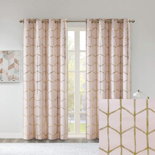 Intelligent Design Blackout Window Curtain, Light Blocking Curtains for Living Room, Thermal Insulated Window Panel with Metallic Print and Grommet Top, 50"x84", Blush/Gold, 1 Piece