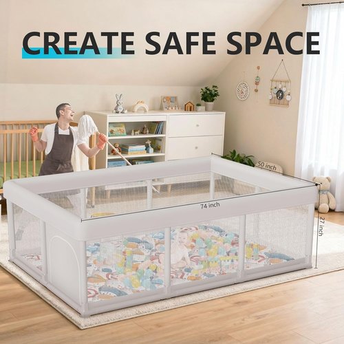 Baby Playpen - 74"x50" Large Indoor & Outdoor Play Yard for Toddlers | Zipper Gates & Breathable Mesh