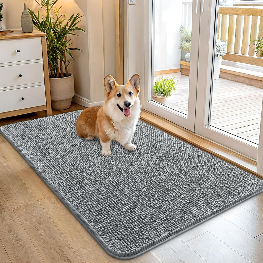OLANLY Dog Door Mat - Absorbent Non-Slip Chenille Mat for Muddy Paws | 45x27 Inches, Quick Dry, Grey