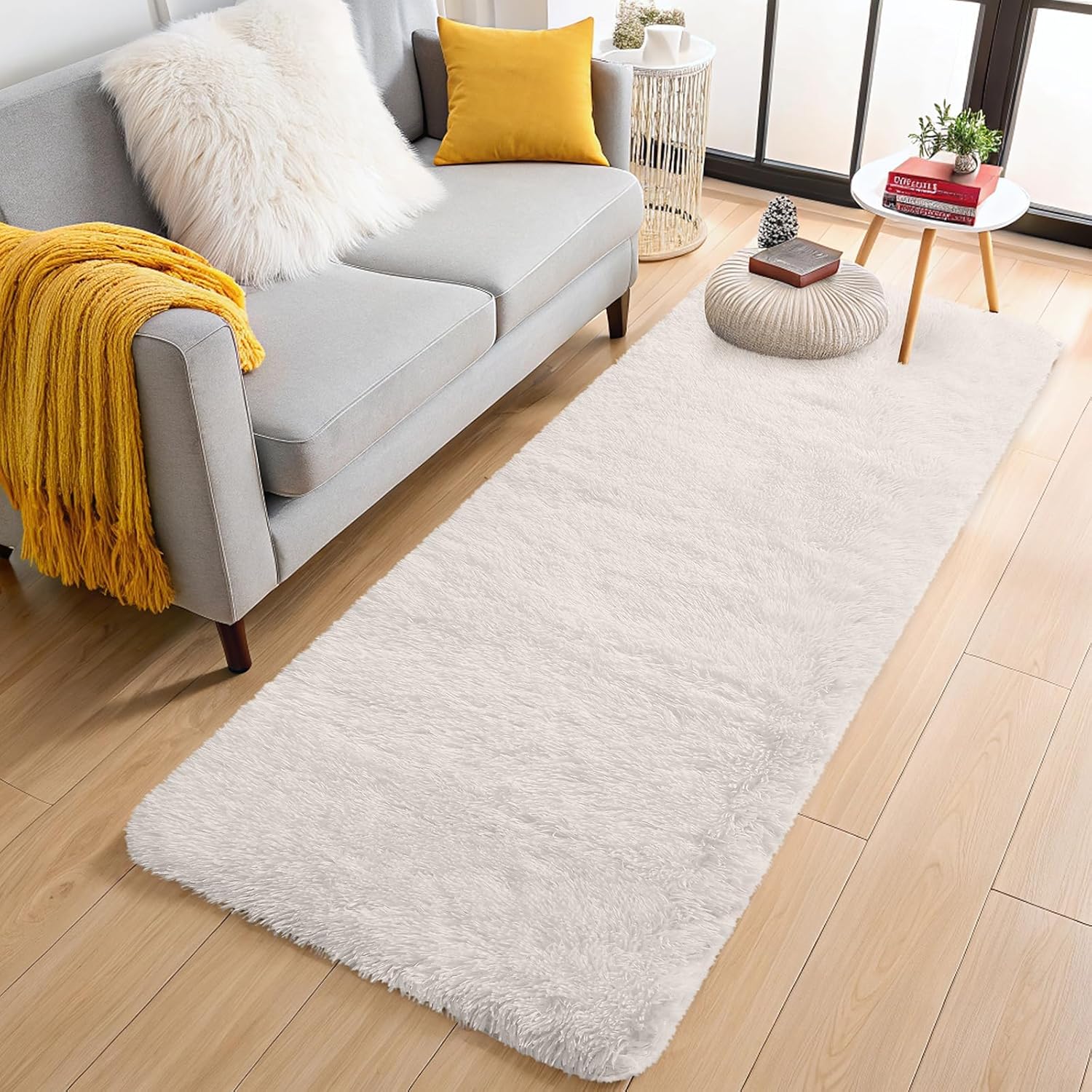 OLANLY 3x8 Machine Washable Runner Rug - Soft Fluffy Shaggy Design for Bedroom & Hallway | Ivory Color
