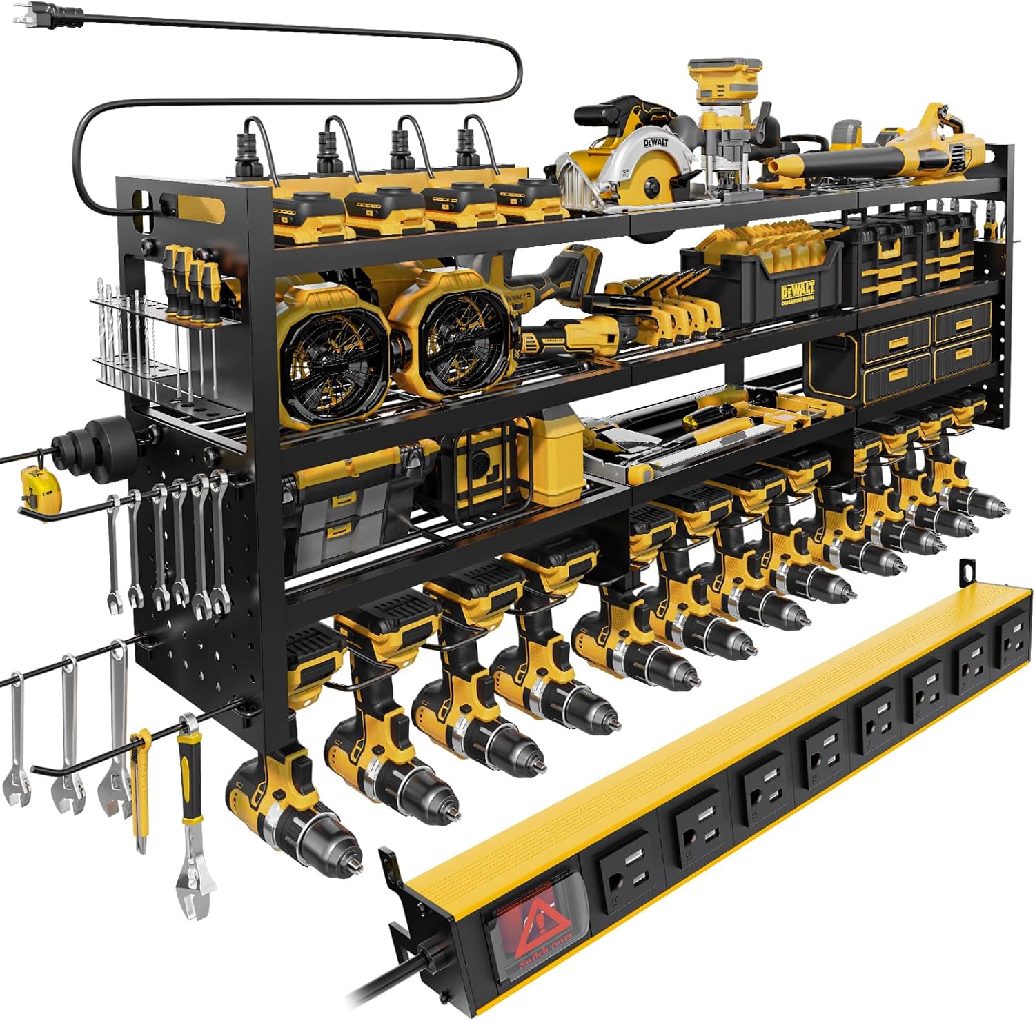 Power Tool Organizer Wall Mount - 8-Outlet TR Charging Station | Heavy Duty Metal Garage Storage Rack