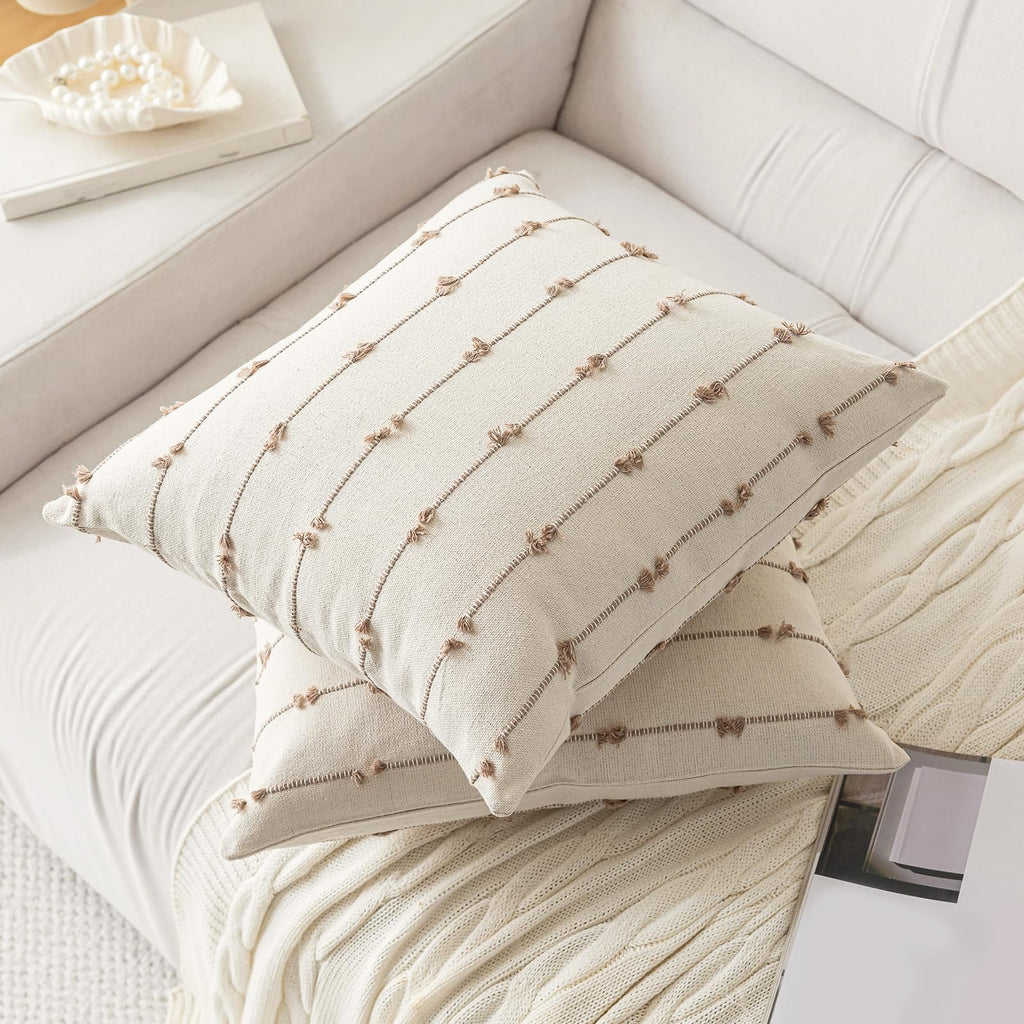 YEENAASY Boho Throw Pillow Covers 18x18 Set of 2 Modern Farmhouse Decorative Cushion Case Tufted Square Pillows Cover Neutral Pillow Cases Accent Pillowcase for Sofa,Couch,Bed,Beige and Khaki