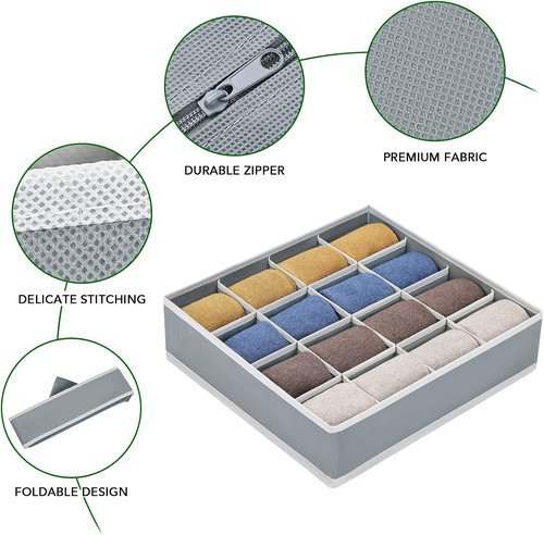 Homsorout Sock Organizers - Large Foldable Dresser Drawer Storage for Men's Socks & Ties | 4-Pack (Grey)