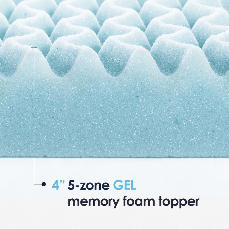 Mellow 4 Inch 5-Zone Memory Foam Mattress Topper, Cooling Gel Infusion, Dorm Essentials, Queen Blue