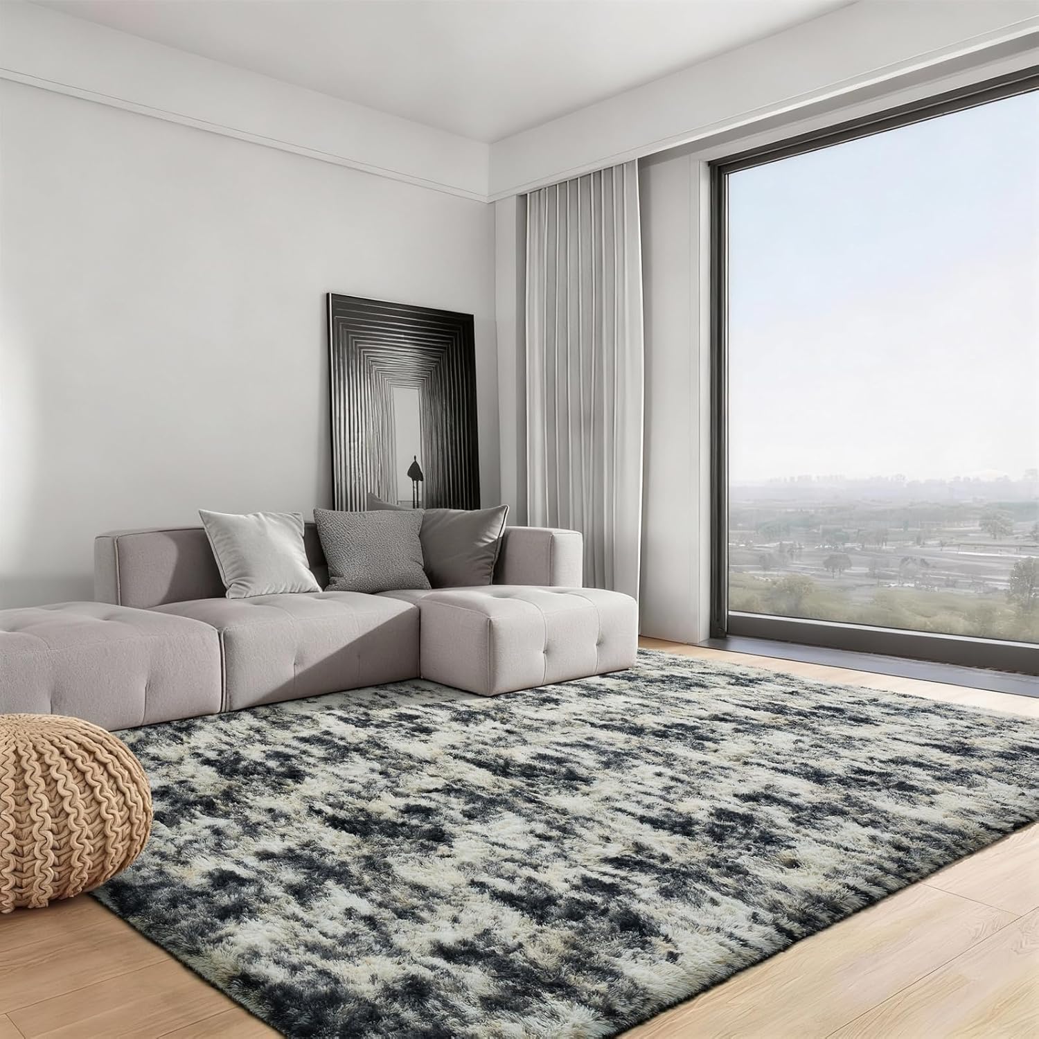 Ophanie Area Rug - Fluffy Black, Gold & Grey Shag Carpet for Living Room | 9x12 Soft Plush Design