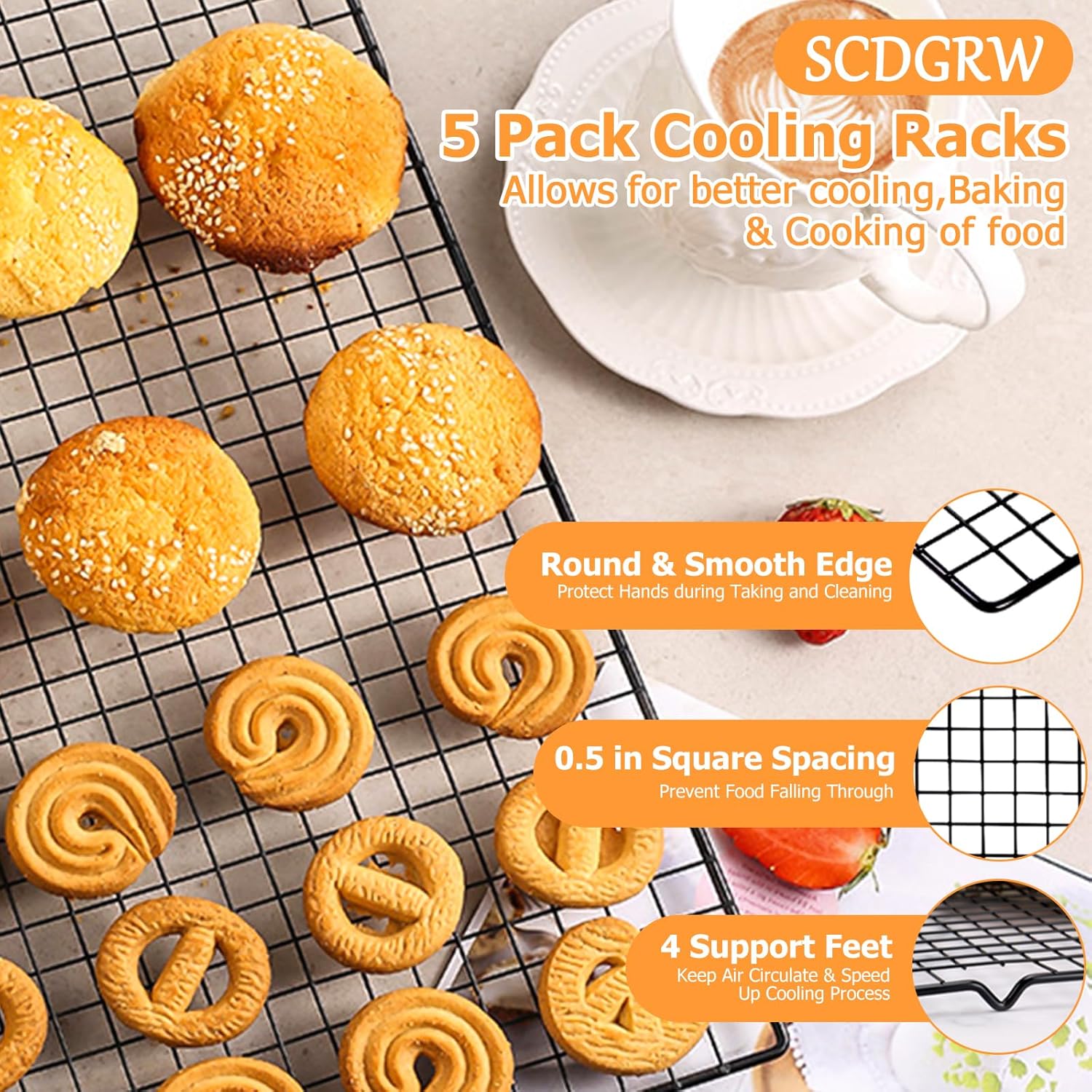 Skiennix 5PCS Cooling Racks - Heavy Duty Stainless Steel Wire Baking Rack Set | 10" x 16" Oven & Dishwasher Safe