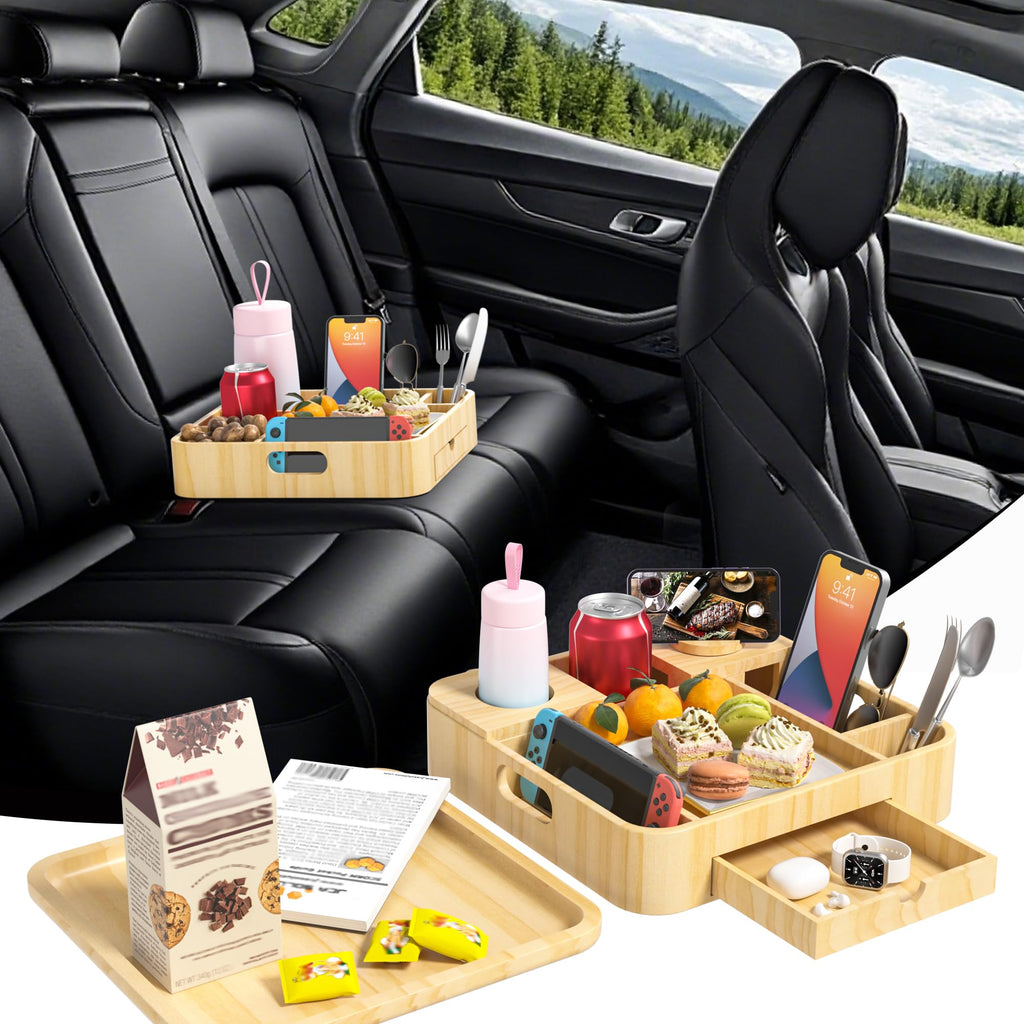 Couch Cup Holder, Couch Tray Cup Holder Sofa Tray, Large Capacity Two-Tier Wooden Trays with Drawer for Sofa, Bed, Picnic, Drinks, Snacks, Remote, Cell Phone, Headphones (Solid Pine Wood)12.8*12.8 in