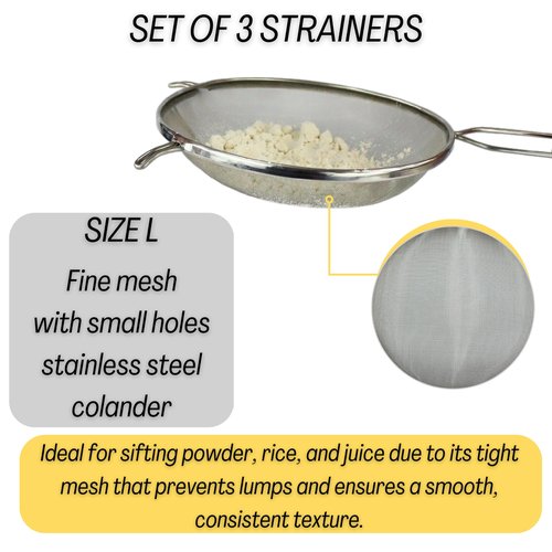 Mesh Strainers - Stainless Steel Fine Mesh Strainer - Colander-Skimmer with Handle - Sieve Sifters for Food - Strainer Sieve - Set of 3 Kitchen Strainers