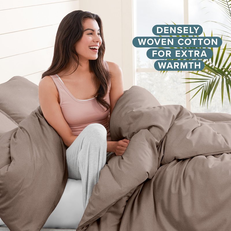 Bare Home Flannel Duvet Cover Set with Sham Pillow Covers (Queen, Taupe)