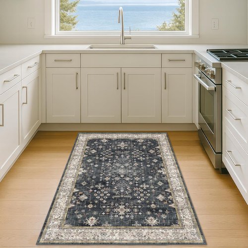 Boho Washable 4x6 Entryway Rug - Non-Slip Geometric Area Rug for Living Room & Office - Ultra Soft Black & Multi