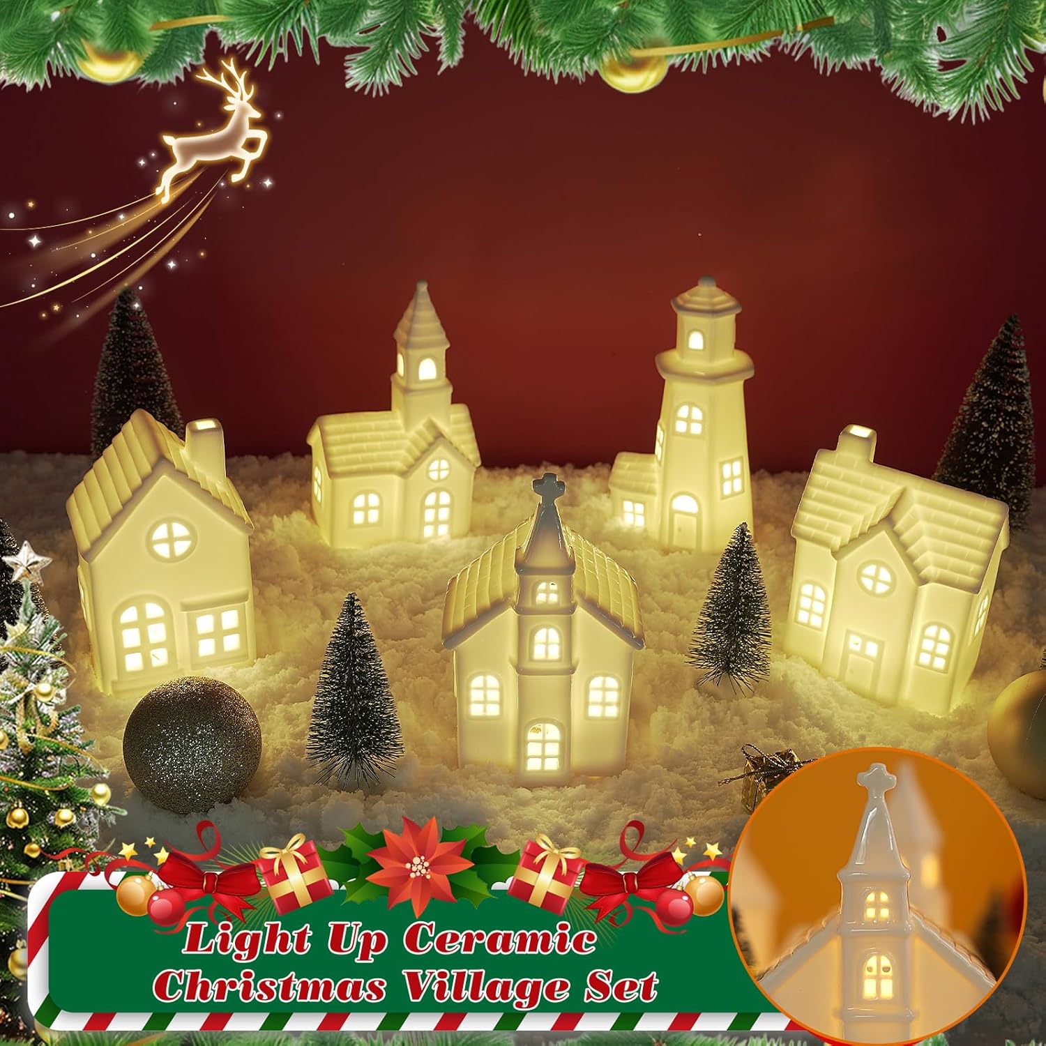 Skiennix 11-Piece White Ceramic Christmas Village Set - Light-Up Porcelain Houses with Timer for Festive Home Decor