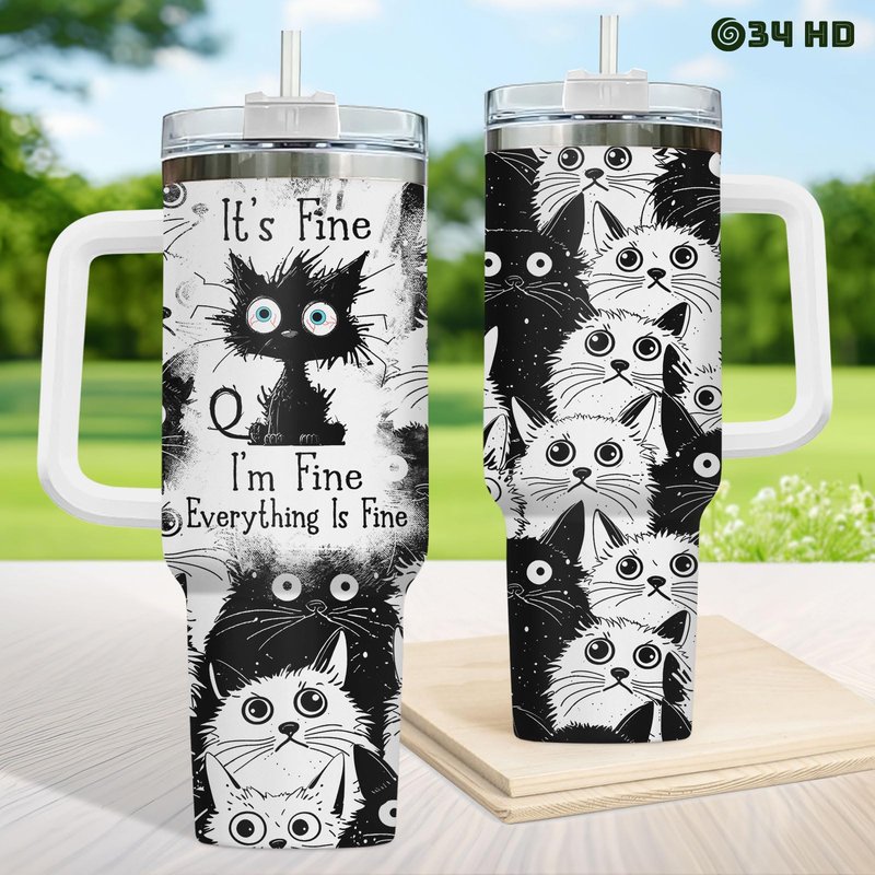 34HD Funny Black Cat 40oz Tumbler with Handle and Straw, Everything Is Fine Stainless Steel Vacuum Insulated Cup, Birthday & Mother's Day Gifts for Pet Lovers, Him Her and Mom