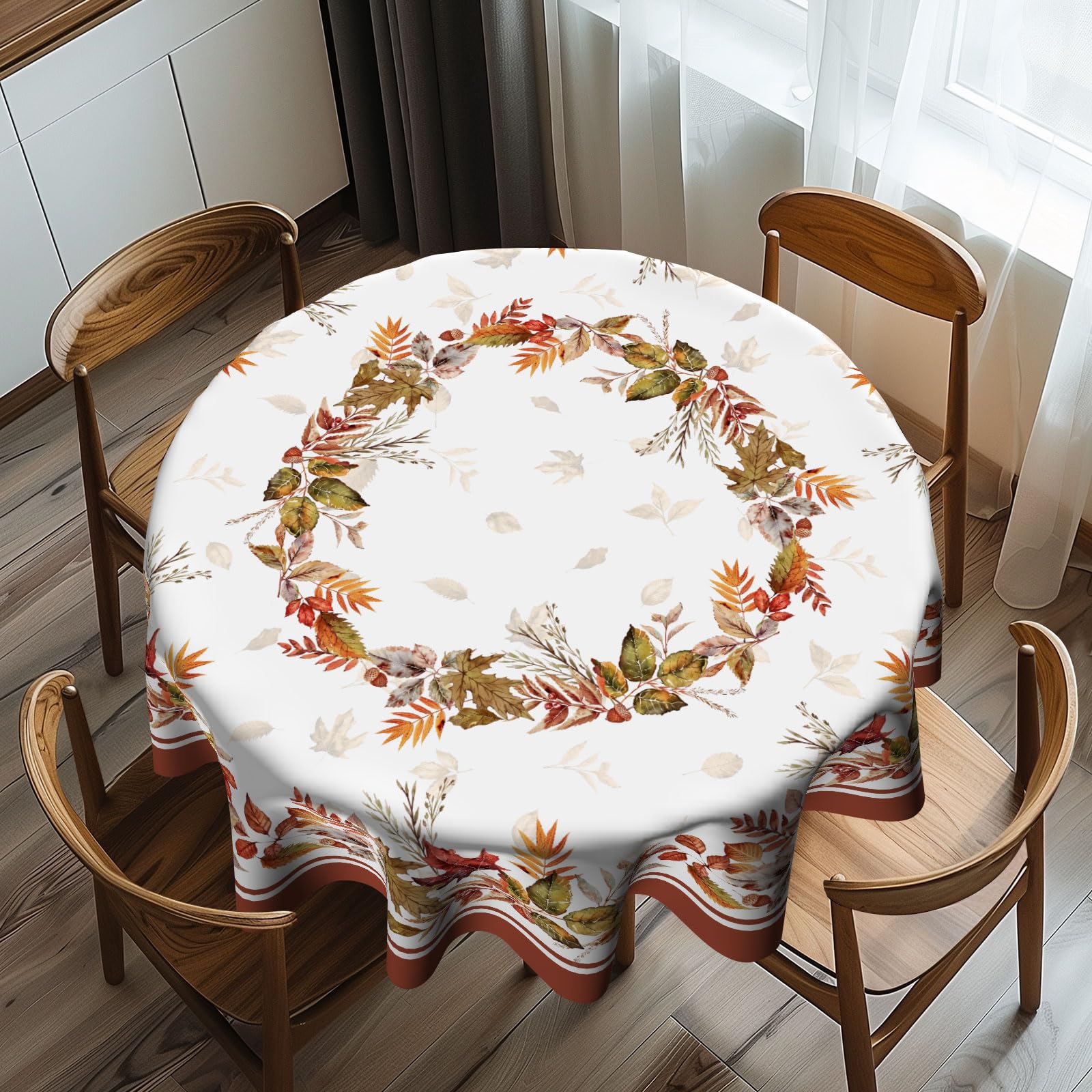 Imiss Fall Round Tablecloth Autumn Maple Leaves Printed Wrinkle Resistant Washable Tabletop Thanksgiving Table Cover for Seasonal Holiday Dining Party Decor 60 Inch