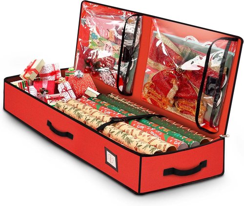 HikooLSS Wrapping Paper Organizer - Heavy Duty 600D Tear-Proof Storage Container | Red with Flexible Partitions