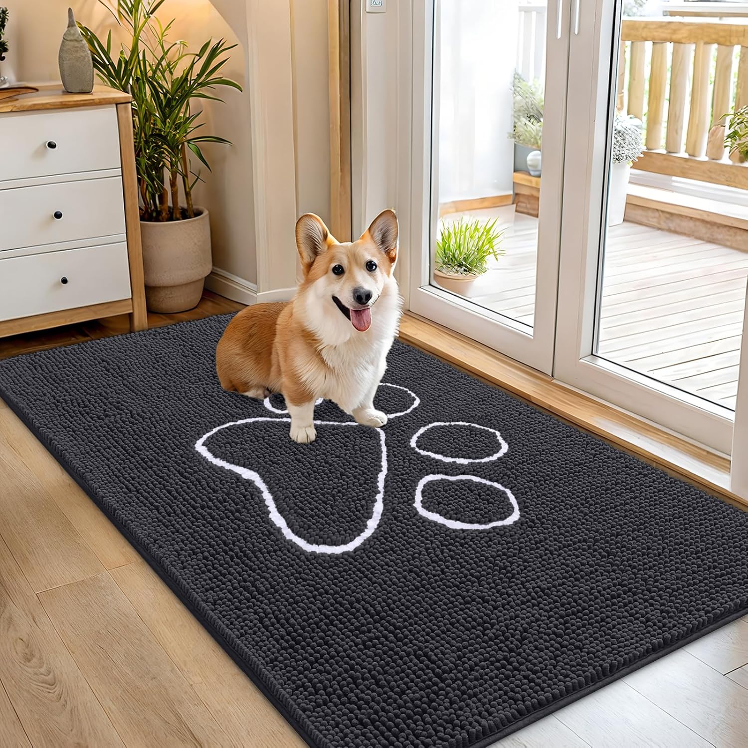 OLANLY Dog Door Mat - Absorbent Non-Slip Mud Mat for Muddy Paws | 54x32, Dark Grey, Quick Dry Chenille