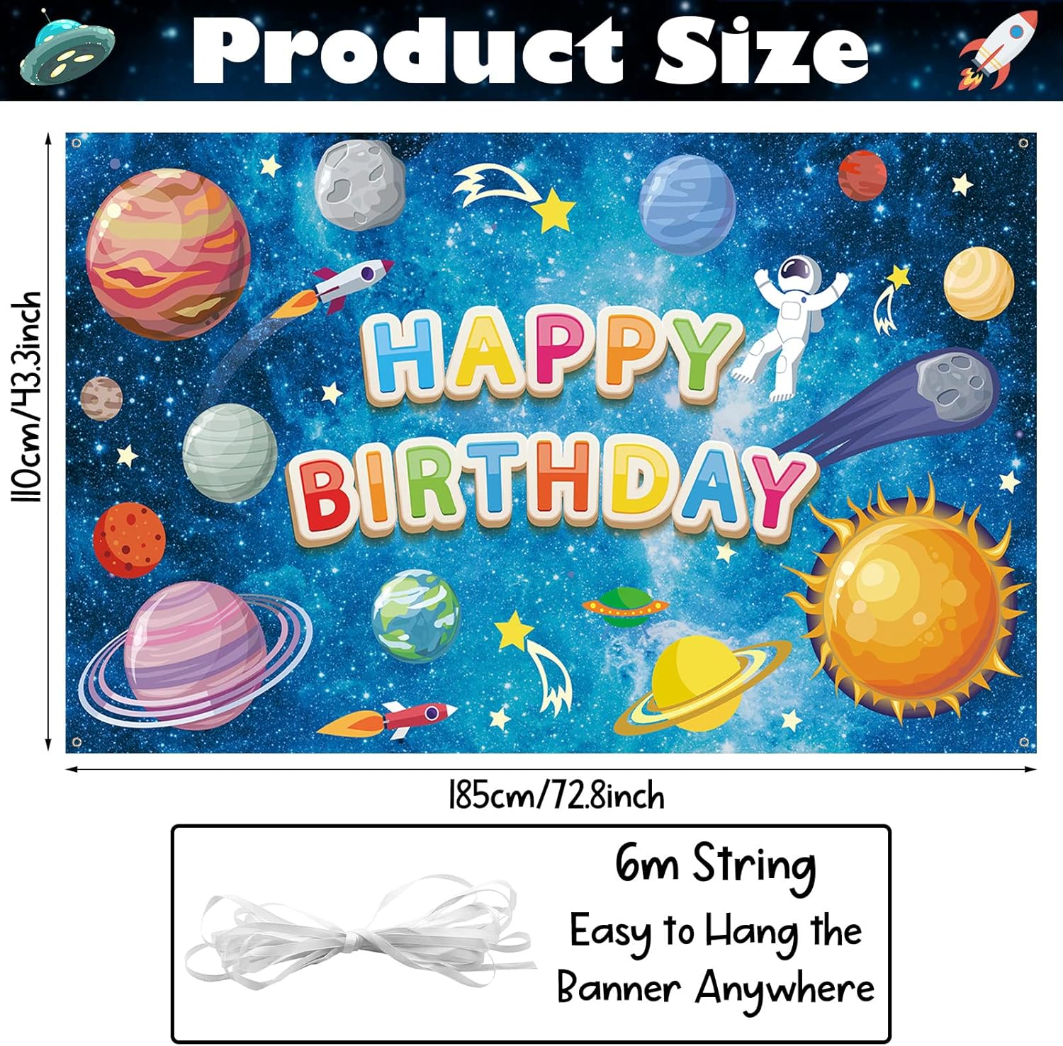 Space Happy Birthday Backdrop Banner - Large Blue Astronaut Galaxy Photo Background for Kids' Party Decor