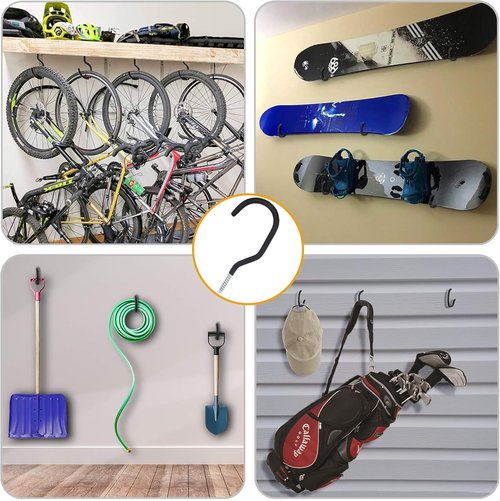 KURUI Heavy Duty Screw-In Hooks - 12 Pack Bike Hooks for Garage Wall Storage | Large Black Plant Hooks
