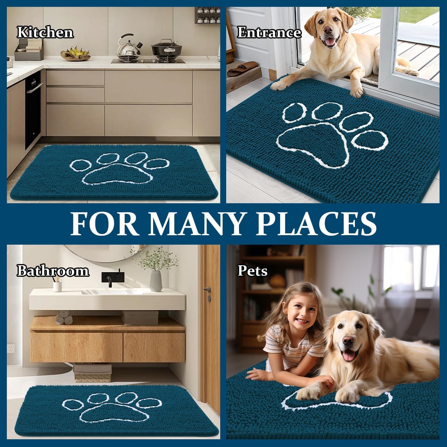 OLANLY Dog Door Mat - Absorbent Non-Slip Mud Mat for Muddy Paws | 70x24, Atlantic Blue, Quick Dry Chenille