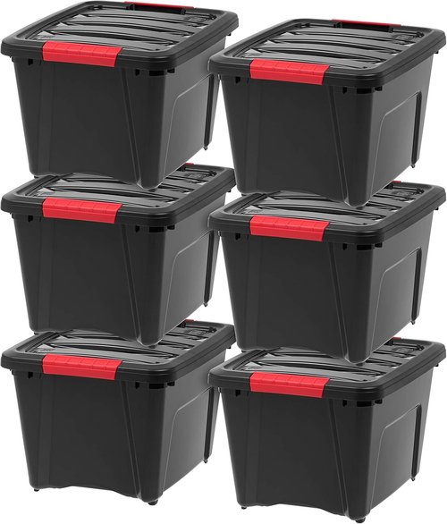 IRIS USA 19 QT Plastic Storage Box - BPA-Free, Durable Latching Containers - 6 Pack, Black