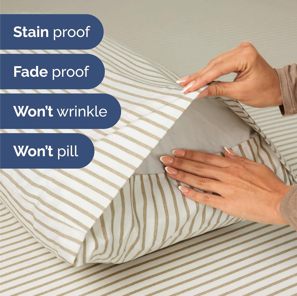 Skiennix Twin Size 3 Piece Sheet Set - Comfy Cooling Bed Sheets - Luxury Oeko-Tex Bedding in Beige Stripes