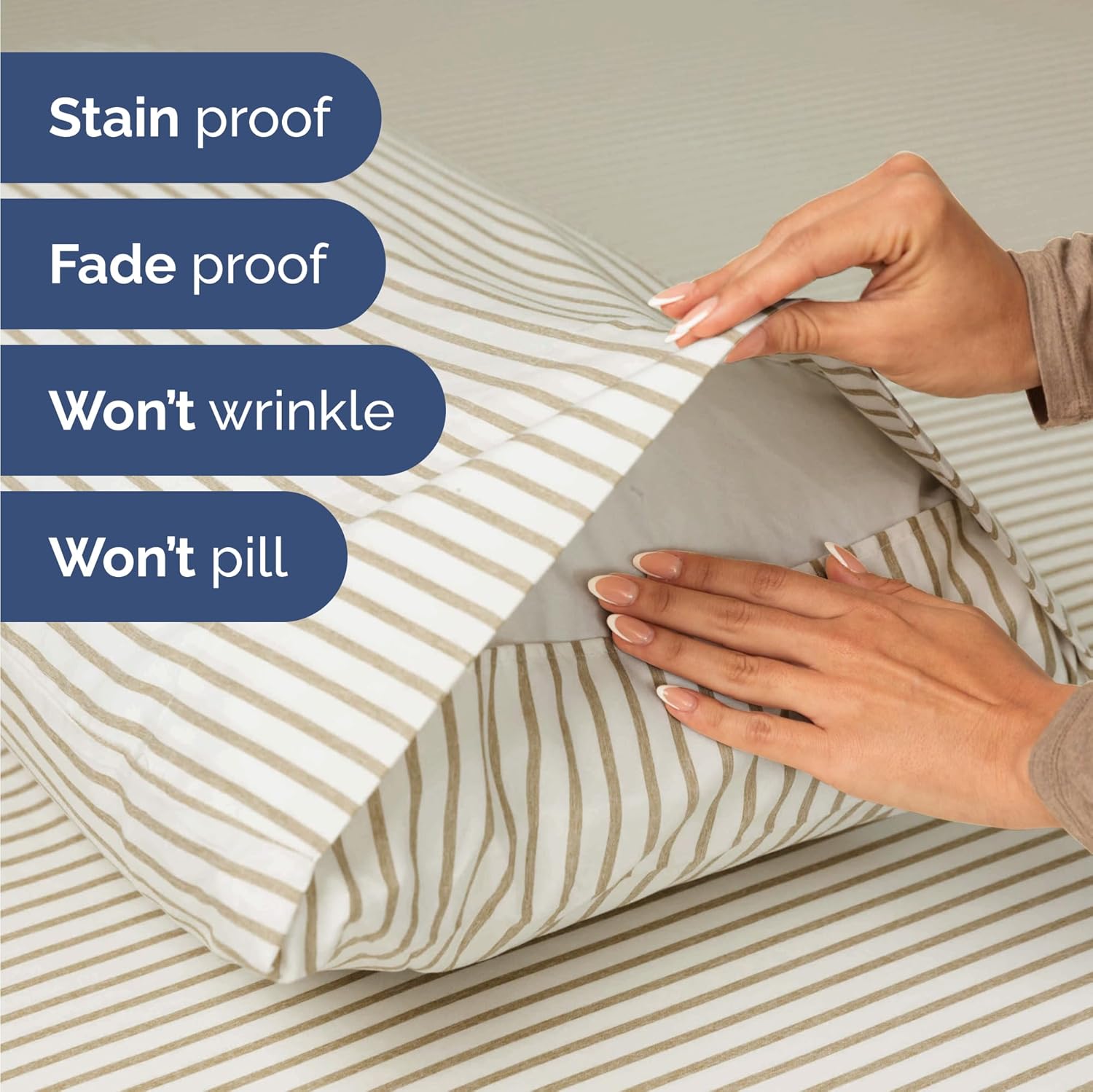 Skiennix Twin Size 3 Piece Sheet Set - Comfy Cooling Bed Sheets - Luxury Oeko-Tex Bedding in Beige Stripes