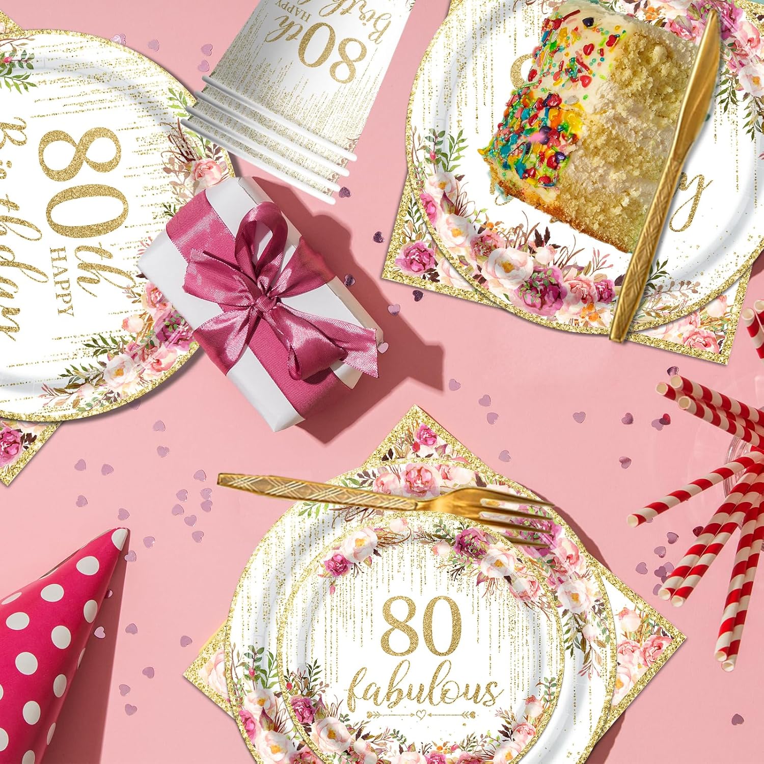 Regine Switzerland 80th Birthday Party Tableware Set - 142 Pcs Rose Gold Decorations | Plates, Napkins, Tablecloth & Banner